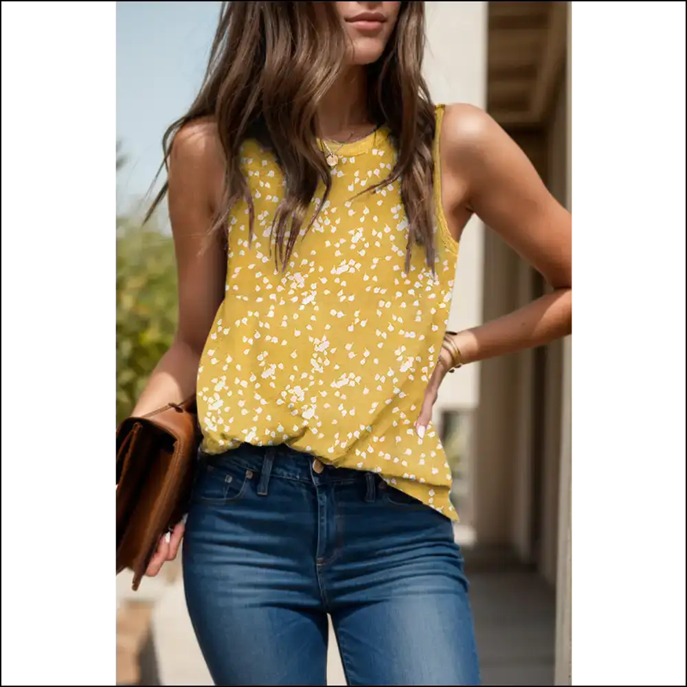 Turn Heads and Feel Fabulous in your Chic Printed Round Neck Tank Top! 😂 - Yellow / s - Tops on Sale Worldwide Shipping
