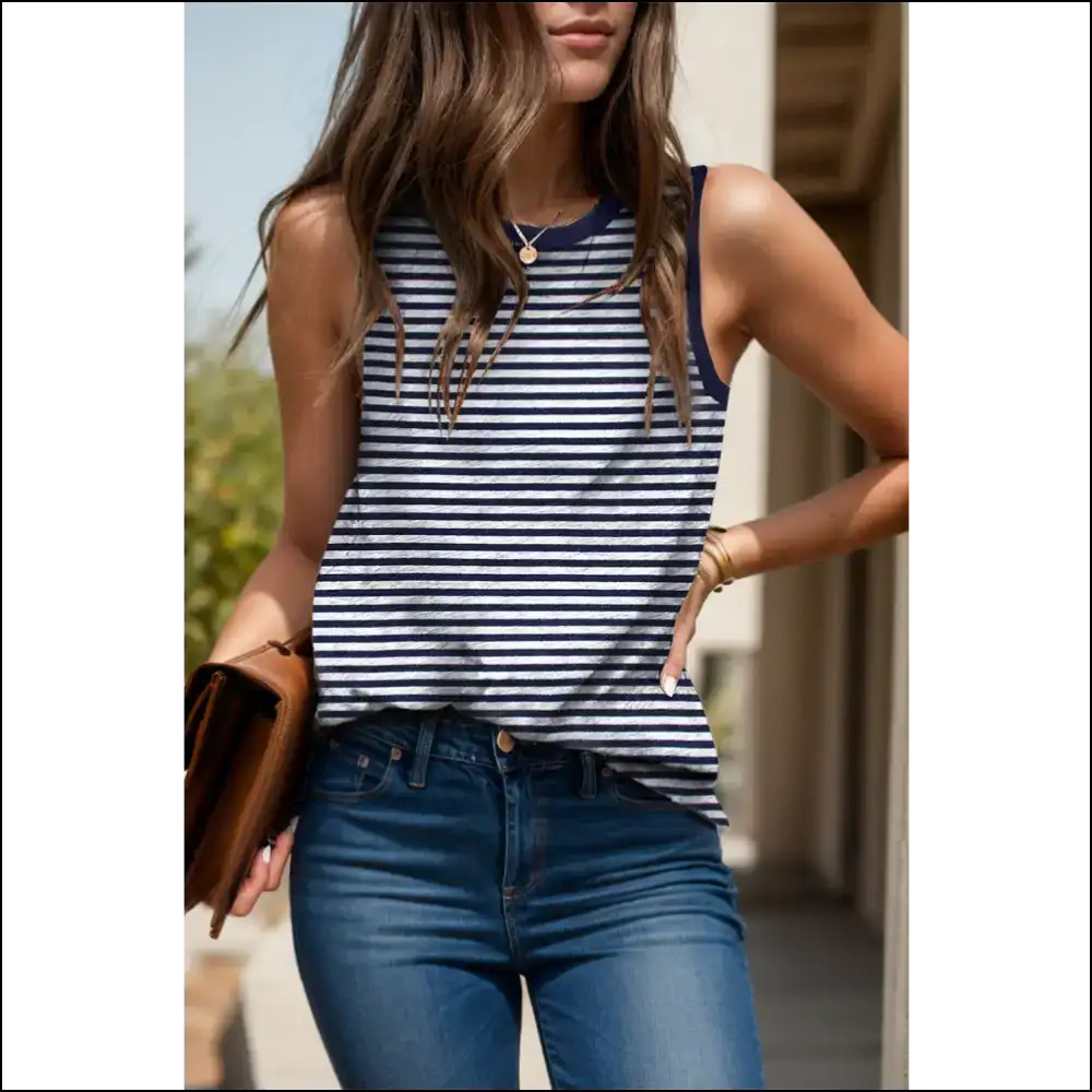 Turn Heads and Feel Fabulous in your Chic Printed Round Neck Tank Top! 😂 - Dark Navy / s - Tops on Sale Worldwide Shipping