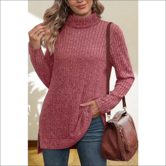 Chic Turtleneck High Low Top - Mauve / Xl - Sweaters on Sale Worldwide Shipping