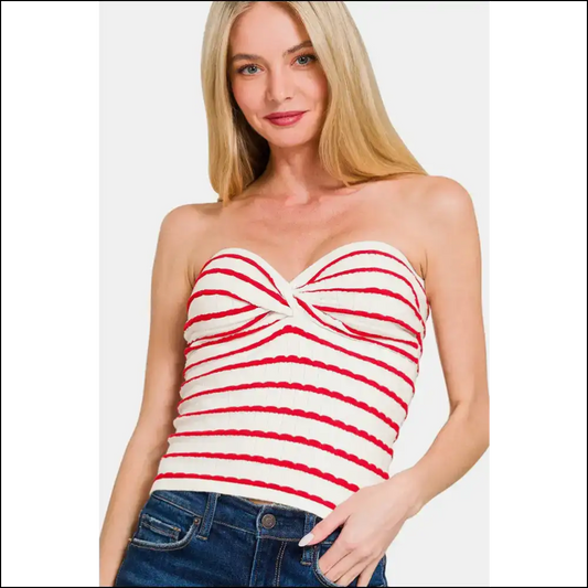 Twisted Sweetheart Neck Striped Tube Top - Red / s - Tank Tops on Sale Worldwide Shipping