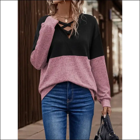 Two-tone Crisscross Detail Sweatshirt - Dusty Pink / l - Sweatshirts & Hoodies on Sale Worldwide Shipping