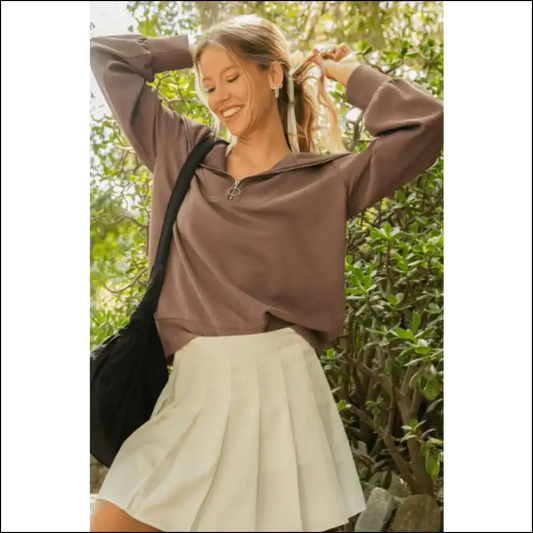 Umgee Chic Ribbed Half-zip Sweatshirt - Brown / s - Sweatshirts & Hoodies on Sale Worldwide Shipping