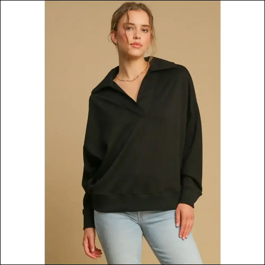 Umgee Johnny Collar Dropped Shoulder Sweatshirt - Black / s - Sweatshirts & Hoodies on Sale Worldwide Shipping
