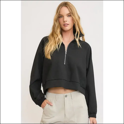 Umgee Trendy Plus Size Half Zip Cropped Sweatshirt - Black / s - Sweatshirts & Hoodies on Sale Worldwide Shipping