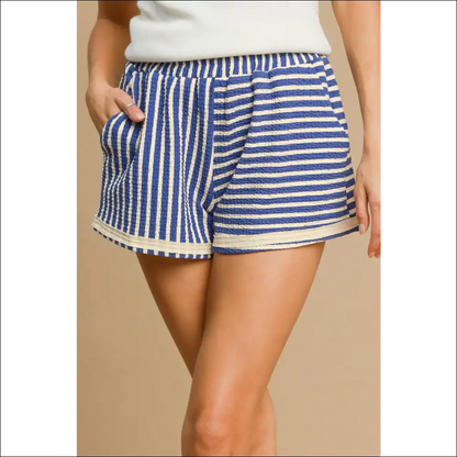Umgee Trendy Striped Elastic Waist Shorts with Pockets - Blue / m - on Sale Worldwide Shipping