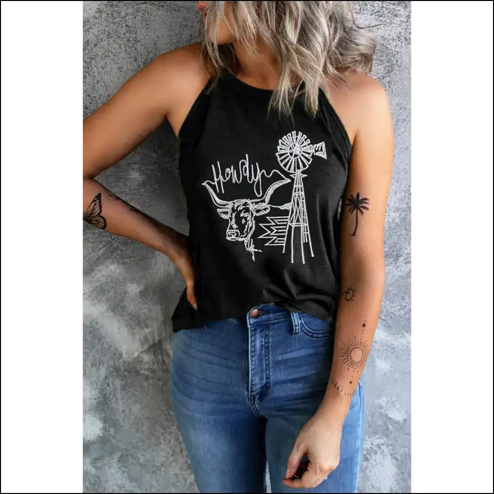 Unleash your Inner Bull with our Fiercely Bold Graphic Round Tank - Tops on Sale Worldwide Shipping