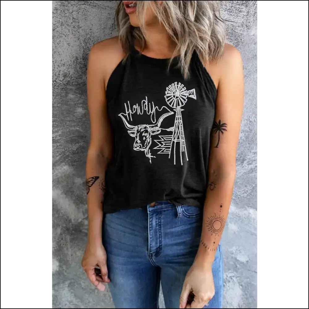 Unleash your Inner Bull with our Fiercely Bold Graphic Round Tank - Black / s - Tops on Sale Worldwide Shipping