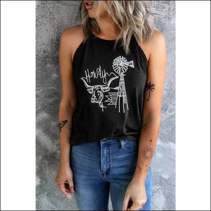 Unleash your Inner Bull with our Fiercely Bold Graphic Round Tank - Black / s - Tops on Sale Worldwide Shipping