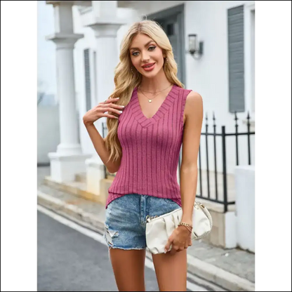 Unleash your Inner Diva with Needful Things Ribbed V-neck Tank 💖👑 - Purple / m - Tops on Sale Worldwide Shipping