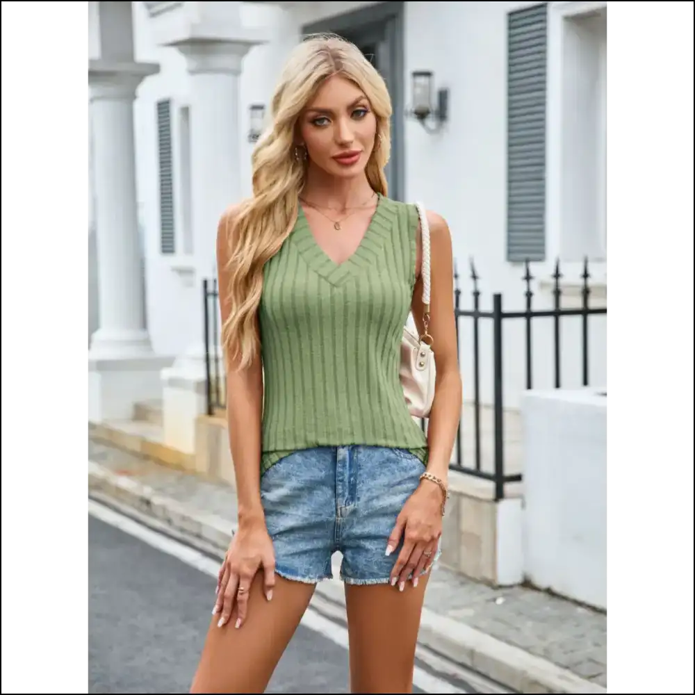 Unleash your Inner Diva with Needful Things Ribbed V-neck Tank 💖👑 - Sage / s - Tops on Sale Worldwide Shipping