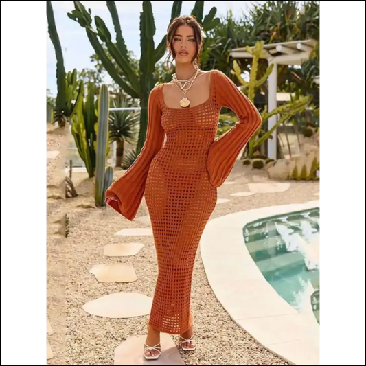 Unleash your Inner Diva with our Chic Openwork Square Neck Delight! ✨ - Caramel / s - Cover-ups Swimwear on Sale Worldwide Shipping