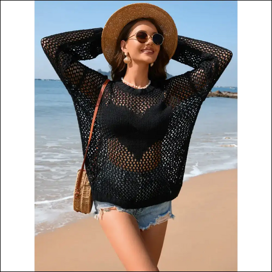 Unleash your Inner Diva with our Heart Openwork Long Sleeve Cover-up 💖 - Black / m - Cover-ups Swimwear on Sale Worldwide Shipping