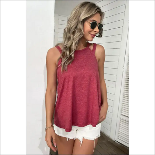 Unleash your Inner Diva with the Perfee Cutout Round Neck Top 😏✨ - Red / s - Tank Tops on Sale Worldwide Shipping