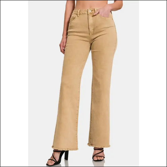 Unleash your Inner Fashion Rebel with Zenana Acid Frayed Hem Bootcuts! 😜 - Camel / s - Jeans on Sale Worldwide Shipping