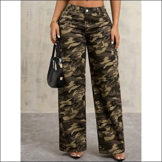 Unleash your Inner Fashionista with our Chic Camouflage Wide Leg Jeans! - Green / l - Jeans on Sale Worldwide Shipping