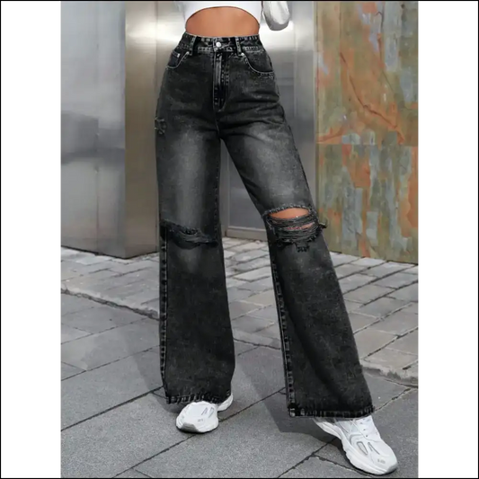 Unleash your Inner Fashionista with our Needful Things Distressed Wide Leg Jeans - Dark Gray / Xs - on Sale Worldwide Shipping