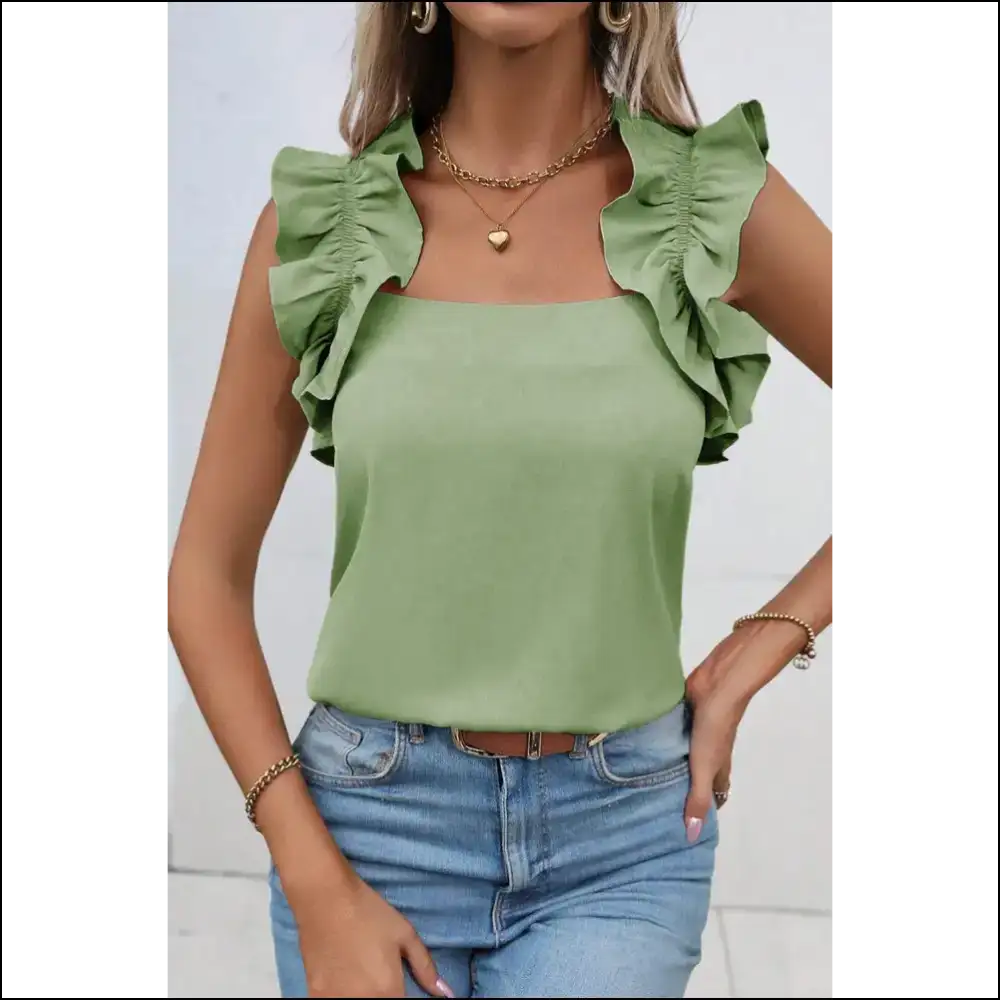 Unleash your Inner Fashionista with our Ruffled Square Neck Tank Top! 😄✨ - Tops on Sale Worldwide Shipping