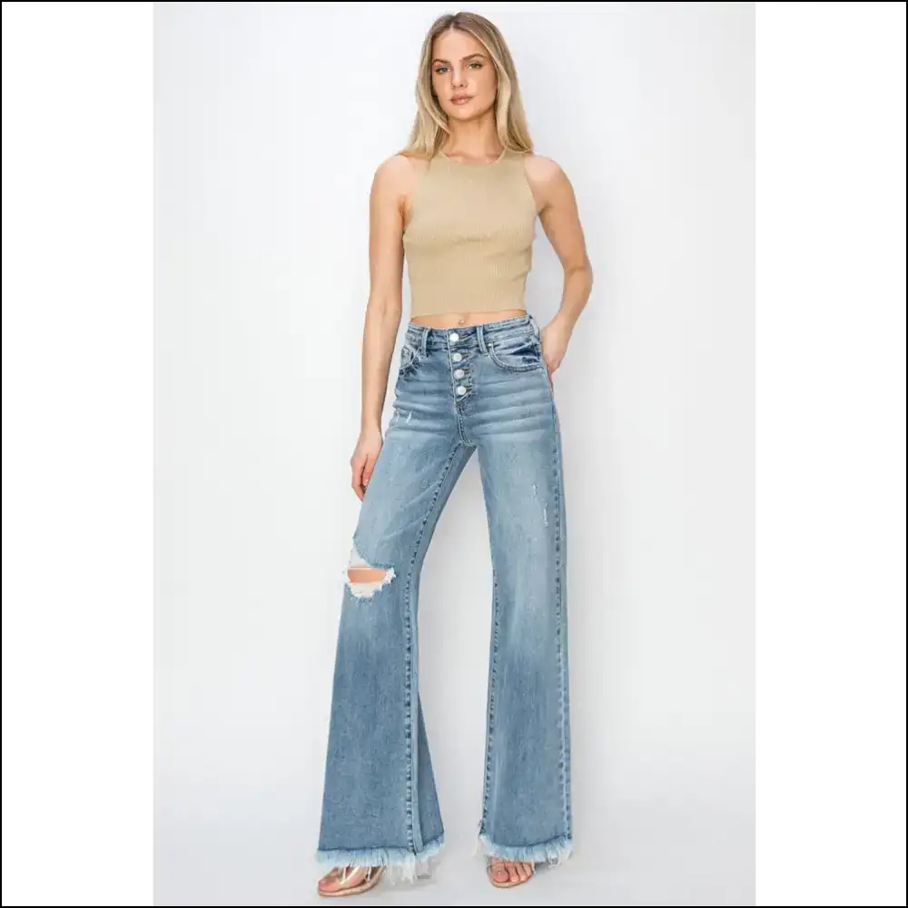Unleash your Inner Fashionista with Risen Button Fly Wide Leg Wondrousness! 🌟👖 - Jeans on Sale Worldwide Shipping