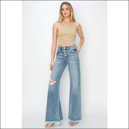 Unleash your Inner Fashionista with Risen Button Fly Wide Leg Wondrousness! 🌟👖 - Jeans on Sale Worldwide Shipping