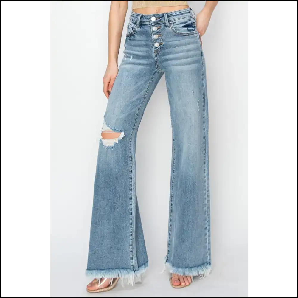 Unleash your Inner Fashionista with Risen Button Fly Wide Leg Wondrousness! 🌟👖 - Medium / 7 - Jeans on Sale Worldwide Shipping