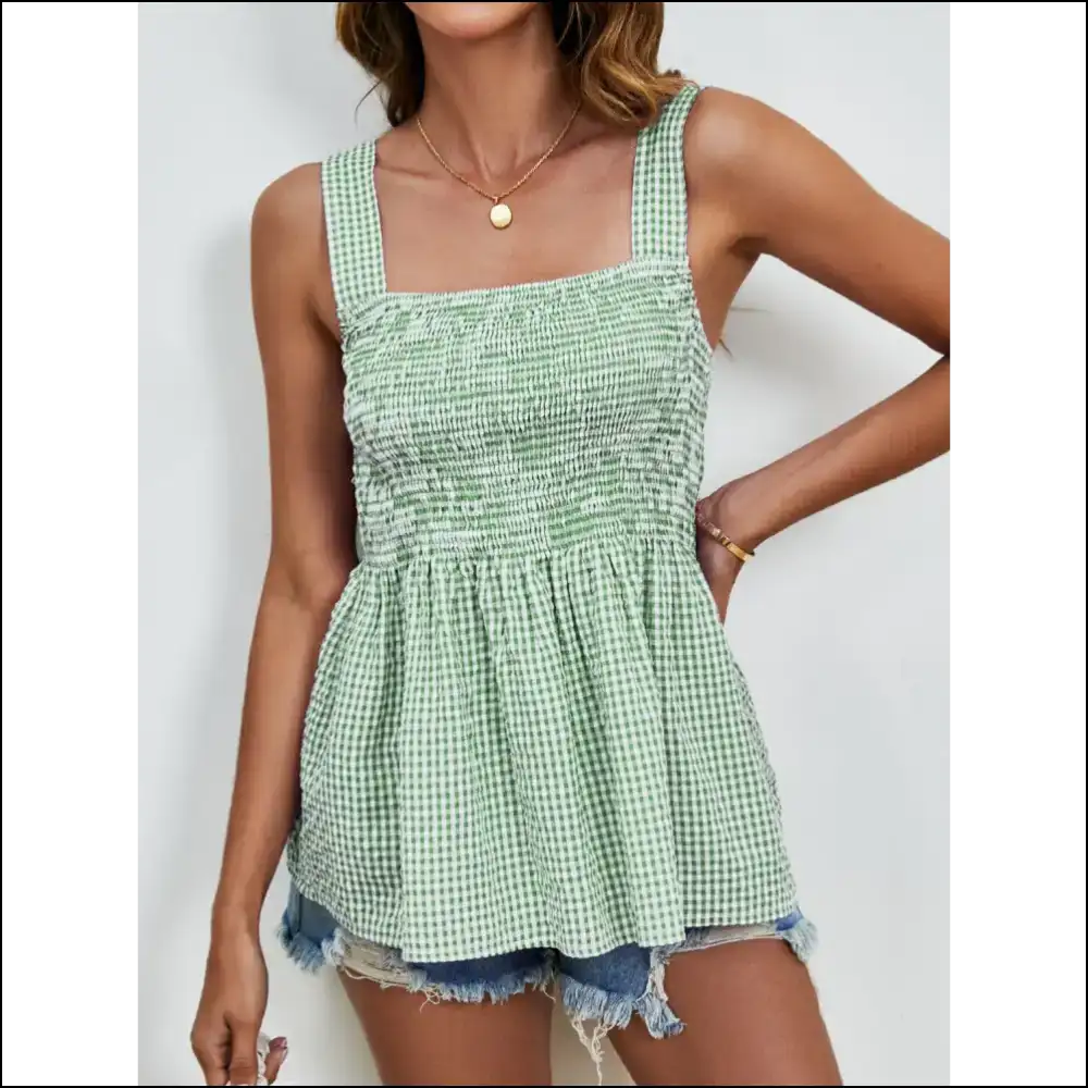 Unleash your Inner Fashionista with the Smocked Plaid Square Neck Tank! 😎✨ - Tank Tops on Sale Worldwide Shipping
