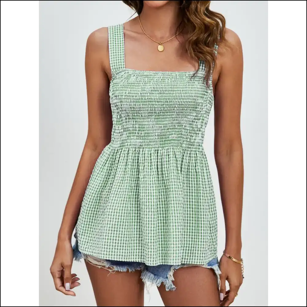 Unleash your Inner Fashionista with the Smocked Plaid Square Neck Tank! 😎✨ - Light Green / m - Tank Tops on Sale Worldwide Shipping