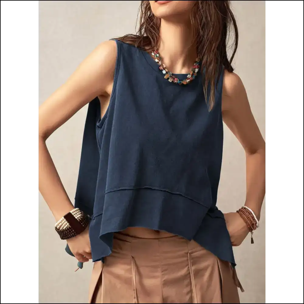 Unleash your Inner Goddess in our Exposed Seam Slit Round Neck Tank - Tops on Sale Worldwide Shipping