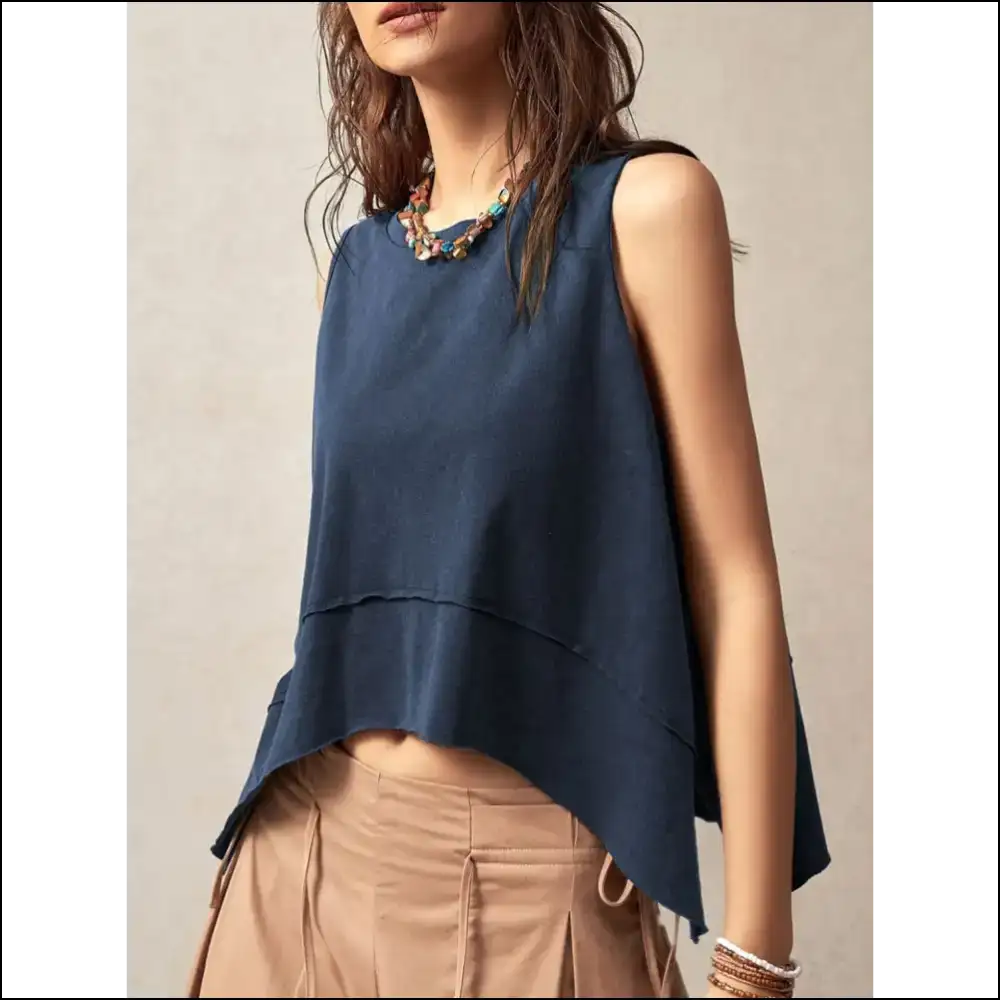 Unleash your Inner Goddess in our Exposed Seam Slit Round Neck Tank - Navy / l - Tops on Sale Worldwide Shipping