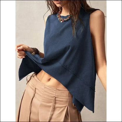Unleash your Inner Goddess in our Exposed Seam Slit Round Neck Tank - Tops on Sale Worldwide Shipping