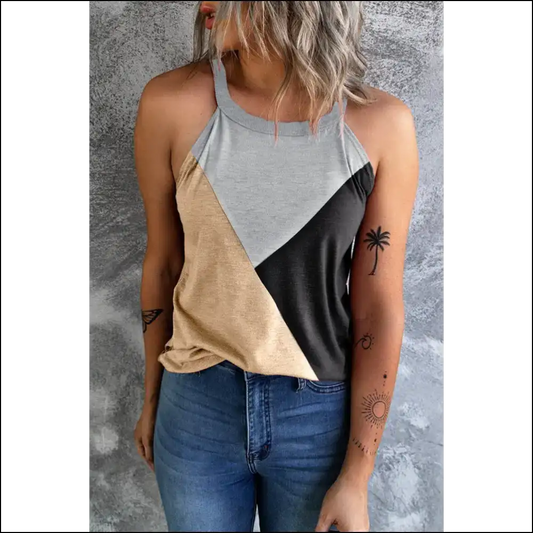 Unleash your Inner Goddess with the Color Block Grecian Tank – Slay Today! 💖 - Tan / s - Tops on Sale Worldwide Shipping