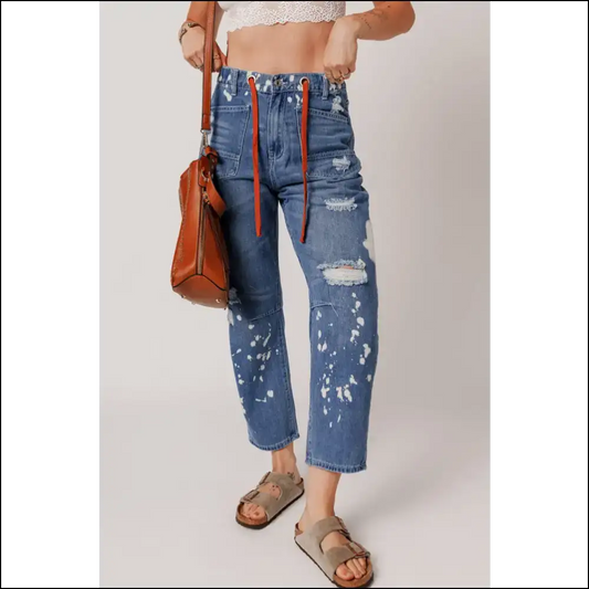 Unleash your Inner Picasso in Distressed Splattering Paint Cropped Jeans! 🎨 - Medium / 16 - Jeans on Sale Worldwide Shipping