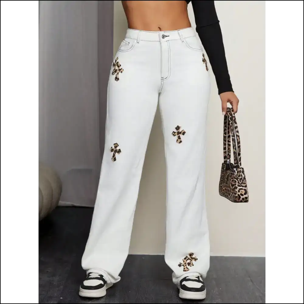 Unleash your Inner Wild with Leopard Cross Straight Leg Jeans 😺💥 - White / s - on Sale Worldwide Shipping