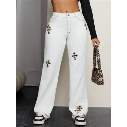 Unleash your Inner Wild with Leopard Cross Straight Leg Jeans 😺💥 - White / s - on Sale Worldwide Shipping