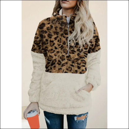 Unleash your Sass in our Color Block Half Zip Fuzzy Sweatshirt 🎉 - Leopard / s - Sweatshirts & Hoodies on Sale Worldwide Shipping