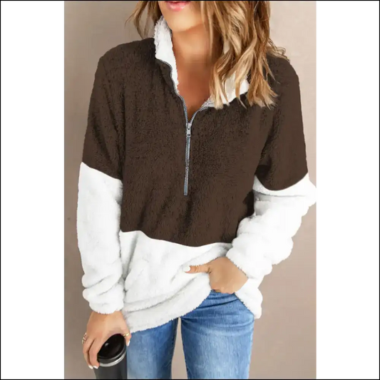 Unleash your Sass in our Color Block Half Zip Fuzzy Sweatshirt 🎉 - Chocolate / m - Sweatshirts & Hoodies on Sale Worldwide Shipping