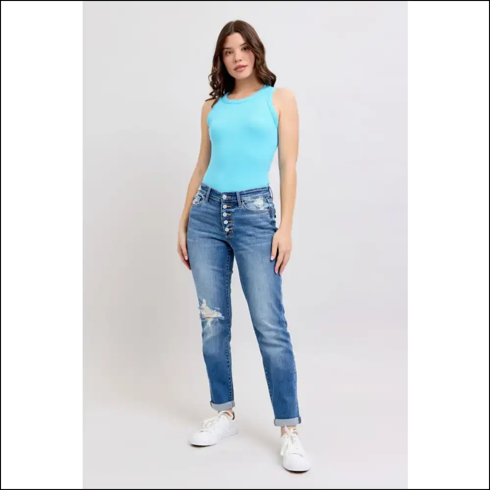 Unlock your Fabulousness in Judy Blue Button Fly Distressed Jeans! 🎉👖 - Jeans on Sale Worldwide Shipping