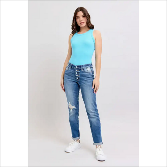 Unlock your Fabulousness in Judy Blue Button Fly Distressed Jeans! 🎉👖 - Jeans on Sale Worldwide Shipping