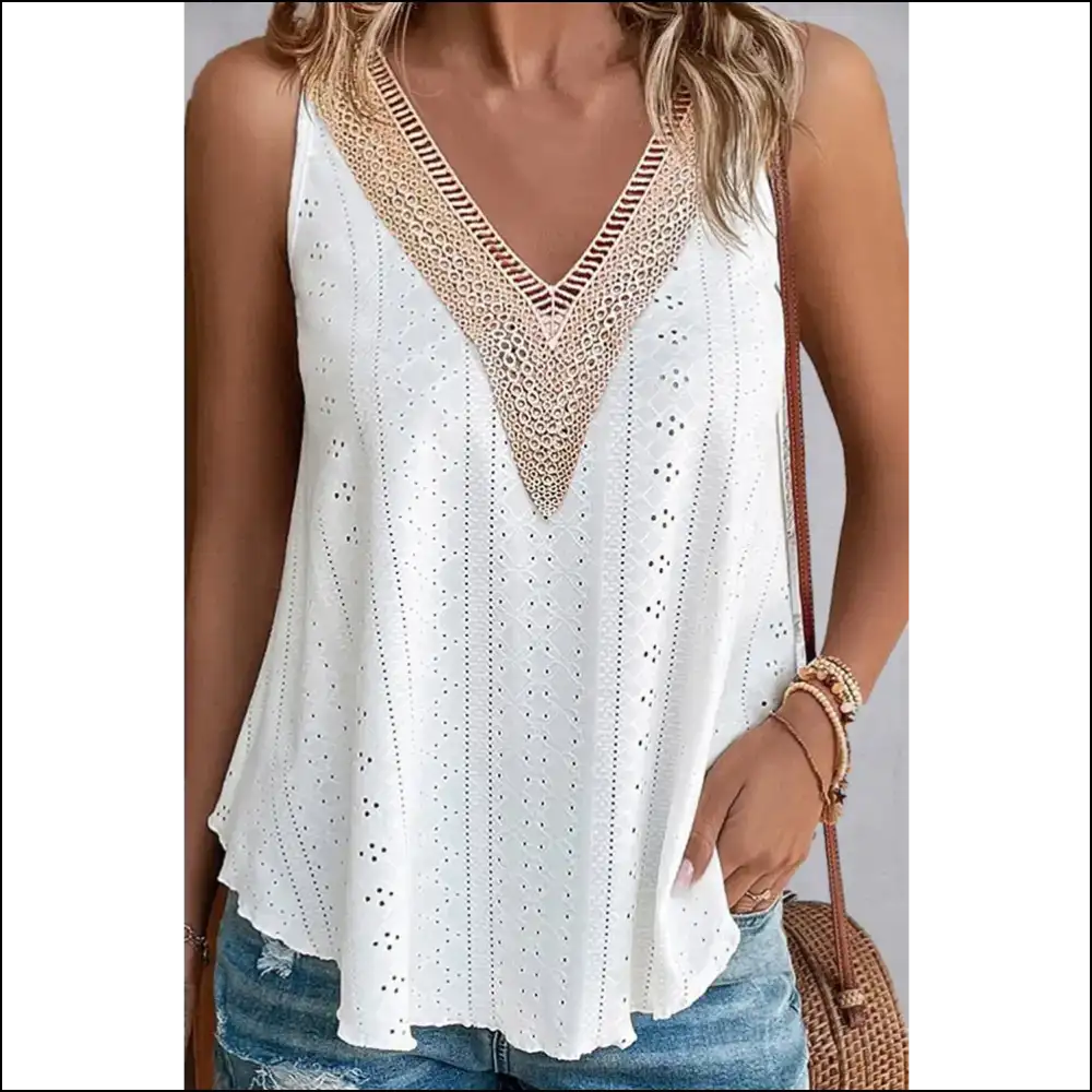 Upgrade your Wardrobe with our Sassy Eyelet V-neck Tank - Fearless Fashion! 😊✨ - Tops on Sale Worldwide Shipping