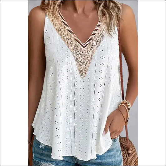 Upgrade your Wardrobe with our Sassy Eyelet V-neck Tank - Fearless Fashion! 😊✨ - Tops on Sale Worldwide Shipping
