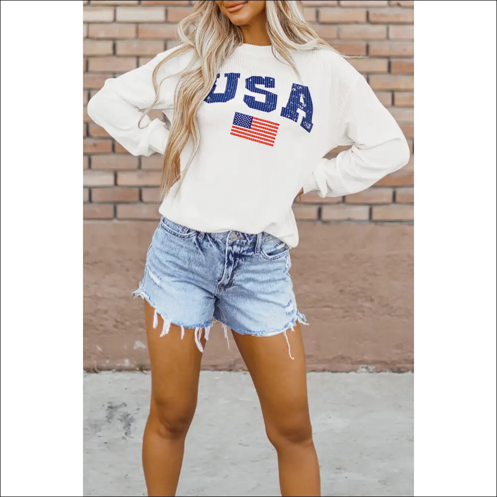 Us Flag Corded Long Sleeve Sweatshirt - Sweatshirts & Hoodies on Sale Worldwide Shipping