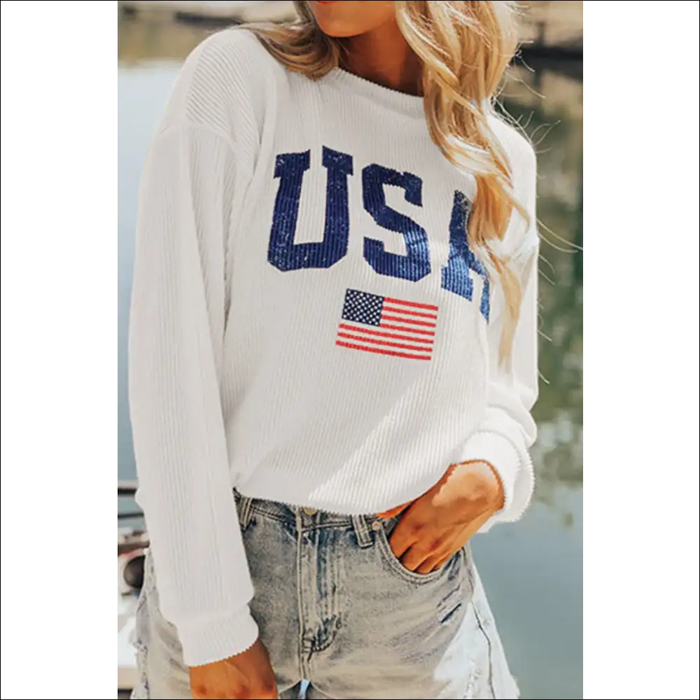 Us Flag Corded Long Sleeve Sweatshirt - White / l - Sweatshirts & Hoodies on Sale Worldwide Shipping