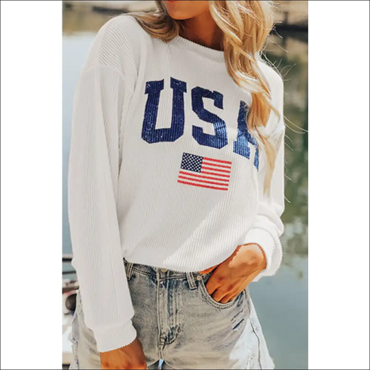 Us Flag Corded Long Sleeve Sweatshirt - White / l - Sweatshirts & Hoodies on Sale Worldwide Shipping