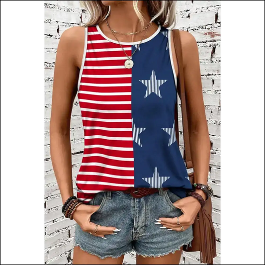 Us Flag Round Neck Tank Top - Dark Navy / Xl - Tops on Sale Worldwide Shipping