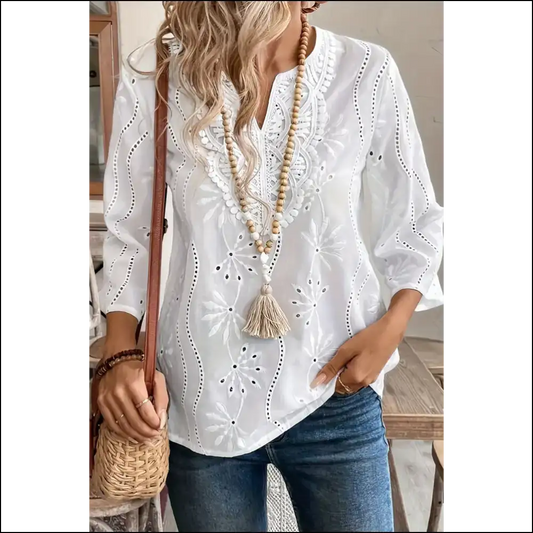 V-neck Embroidered Lace: Finally a Shirt that Gets Compliments 💀 Needful Things - White / s - Long Sleeve Tops Shirts & on Sale Worldwide