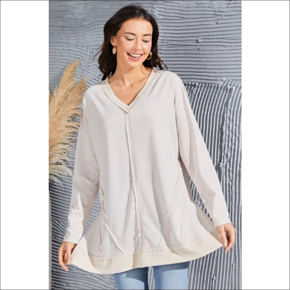 V-neck Long Sleeve Slit Sweatshirt with Exposed Seams - Sweatshirts & Hoodies on Sale Worldwide Shipping