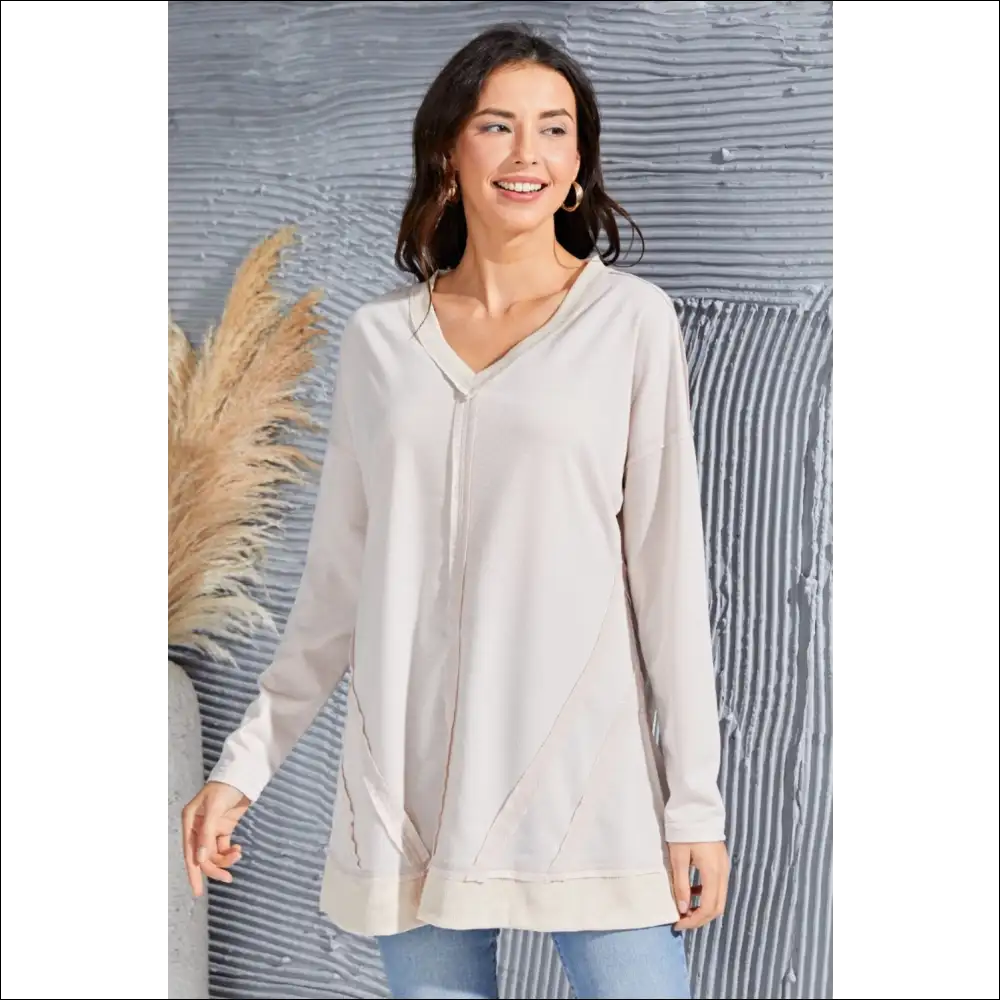 V-neck Long Sleeve Slit Sweatshirt with Exposed Seams - Sweatshirts & Hoodies on Sale Worldwide Shipping