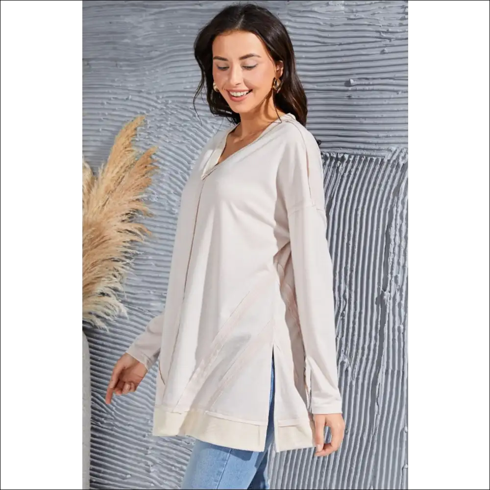 V-neck Long Sleeve Slit Sweatshirt with Exposed Seams - Sweatshirts & Hoodies on Sale Worldwide Shipping