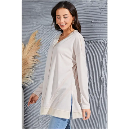 V-neck Long Sleeve Slit Sweatshirt with Exposed Seams - Sweatshirts & Hoodies on Sale Worldwide Shipping