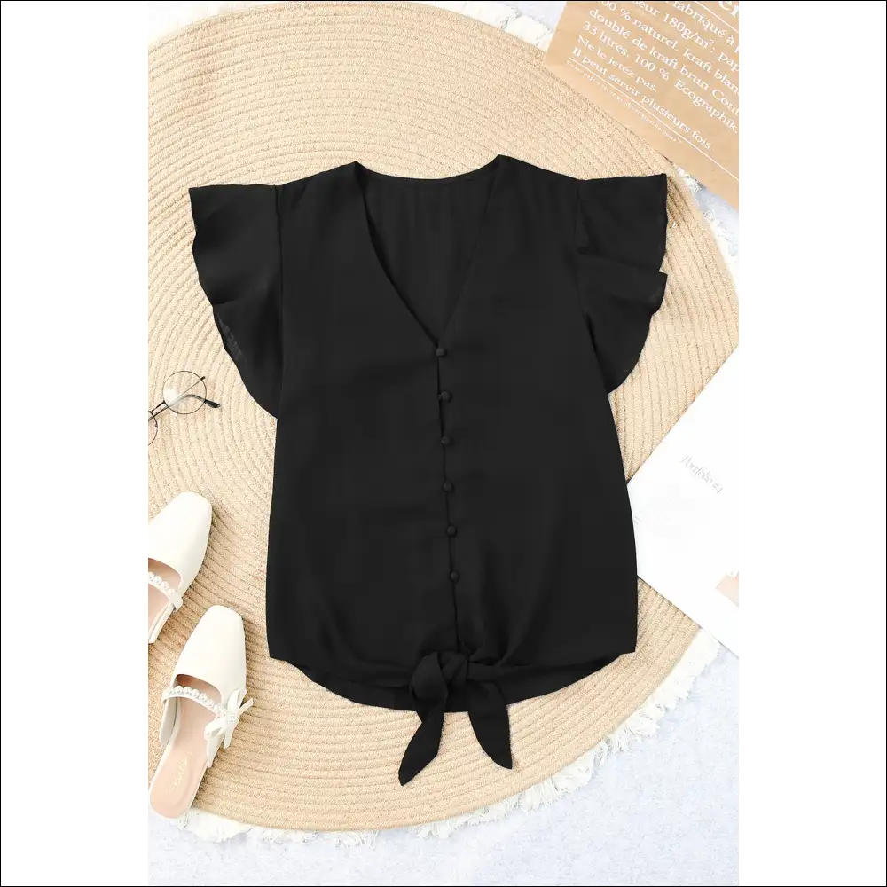 V-neck Tie Hem Flutter Sleeve Blouse - Chic & Casual - Black / l - Blouses on Sale Worldwide Shipping