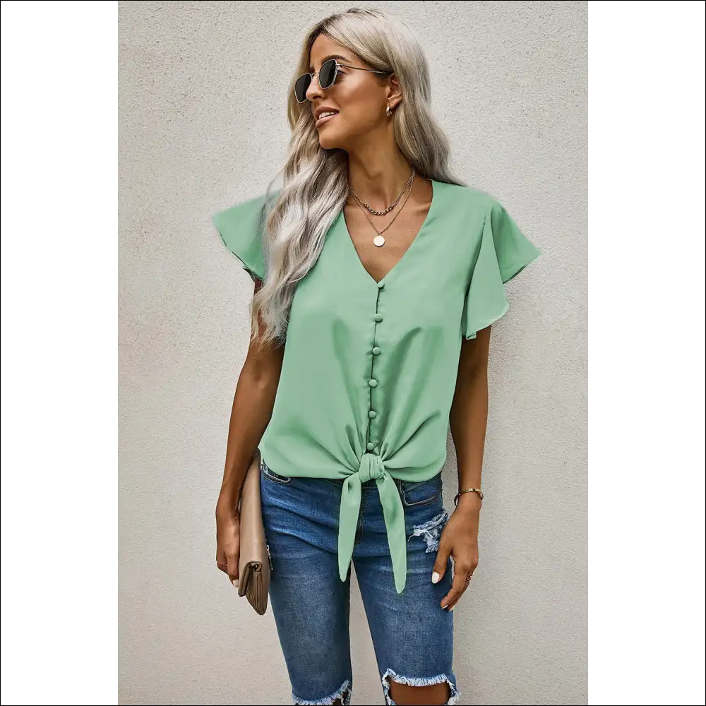 V-neck Tie Hem Flutter Sleeve Blouse - Chic & Casual - Gum Leaf / s - Blouses on Sale Worldwide Shipping